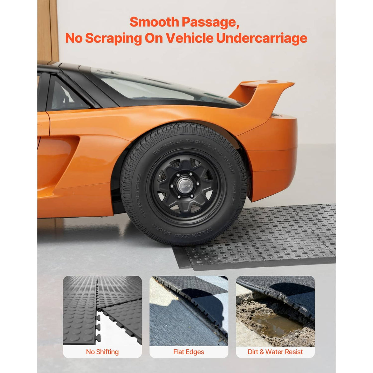 Black interlocking garage floor edge section for smooth vehicle entry