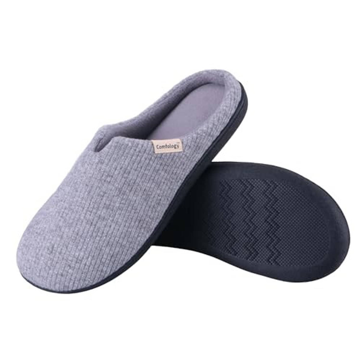 Men's grey slip-on house slippers, plush fabric upper and textured dark outsole