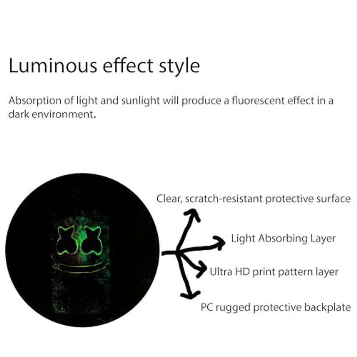 Luminous protective phone case with glowing graffiti pattern on rugged black surface.