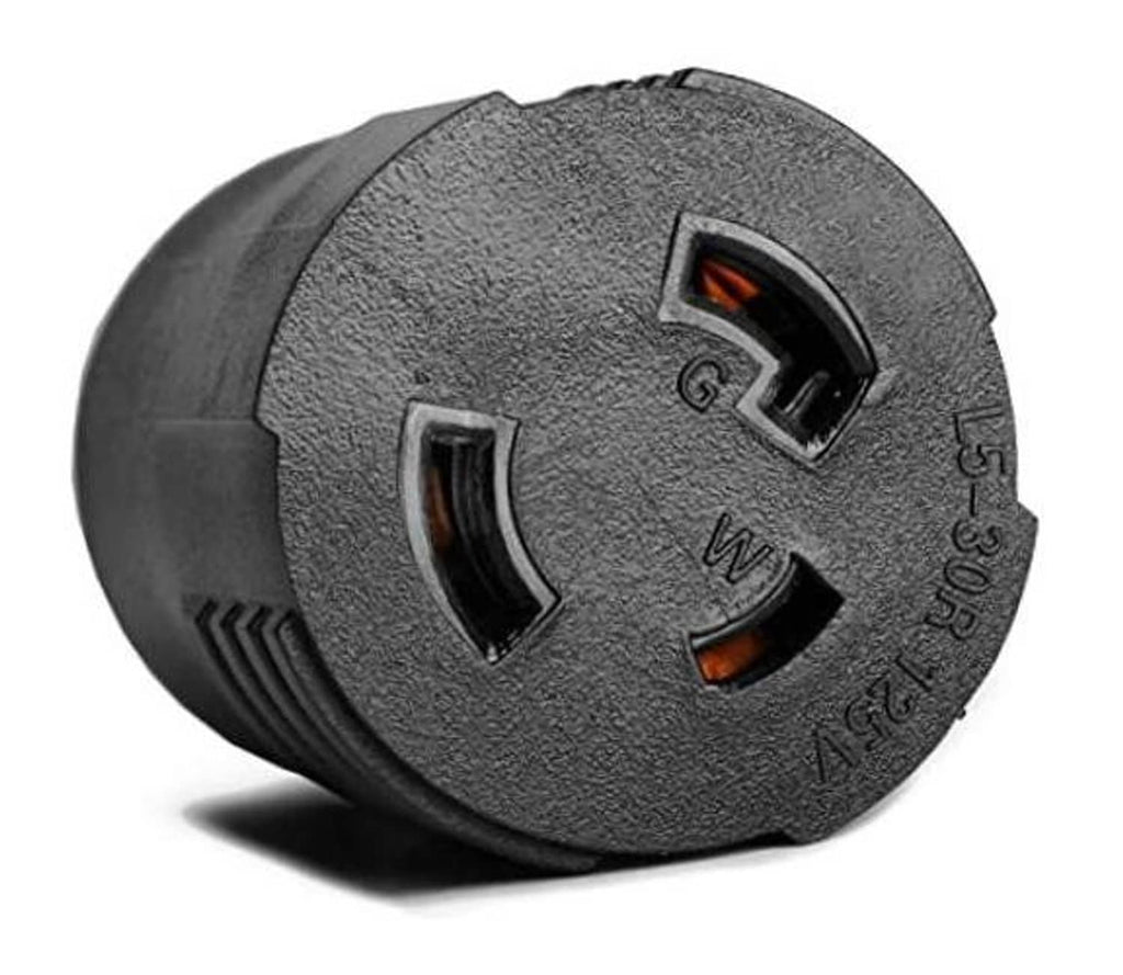 Dark gray twist-lock plug adapter face with two slots and grounding port