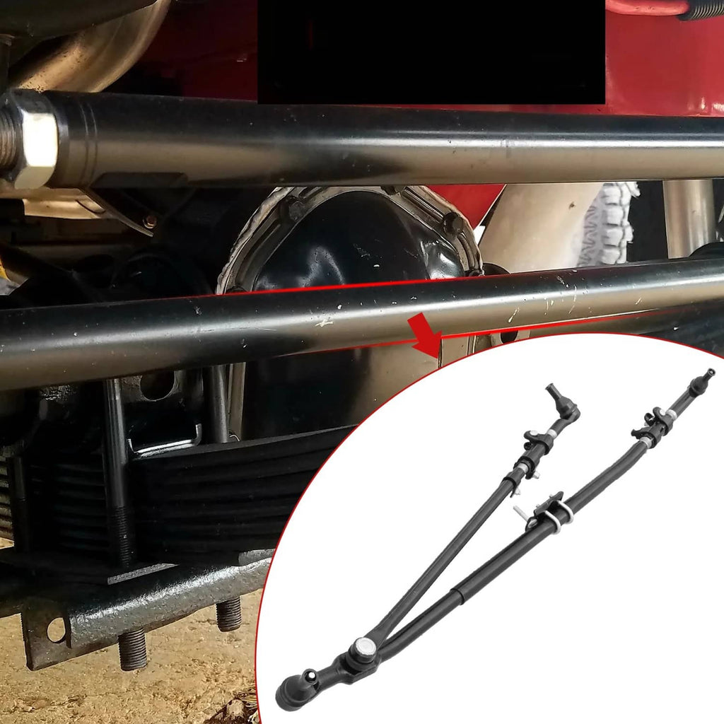 Steering linkage bars and ball joints shown near a vehicle frame for installation