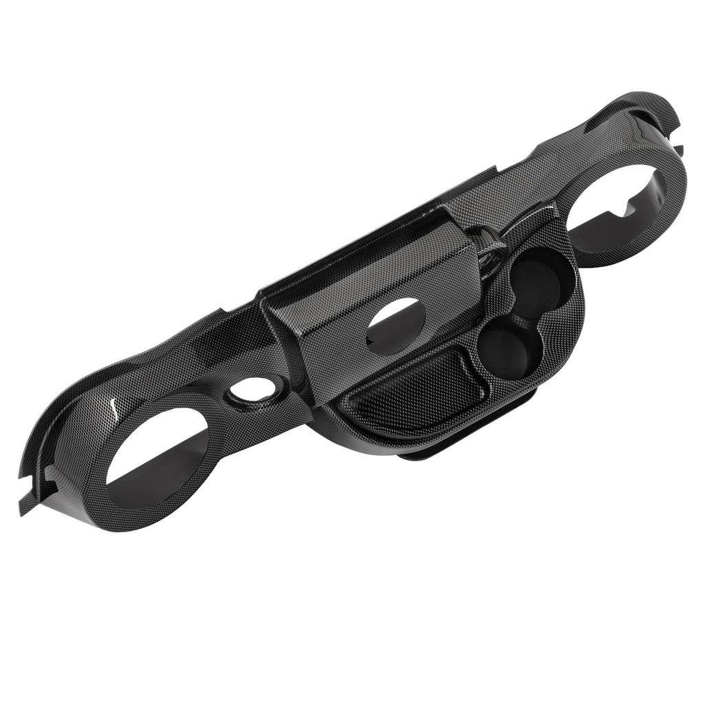 Golf cart dashboard cover, carbon-fiber style black with side mounting holes and openings