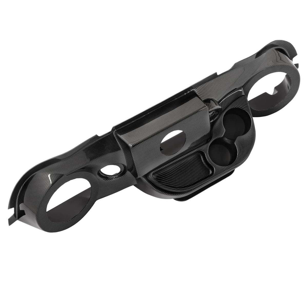 Golf cart dashboard cover, carbon-fiber style black with side mounting holes and openings