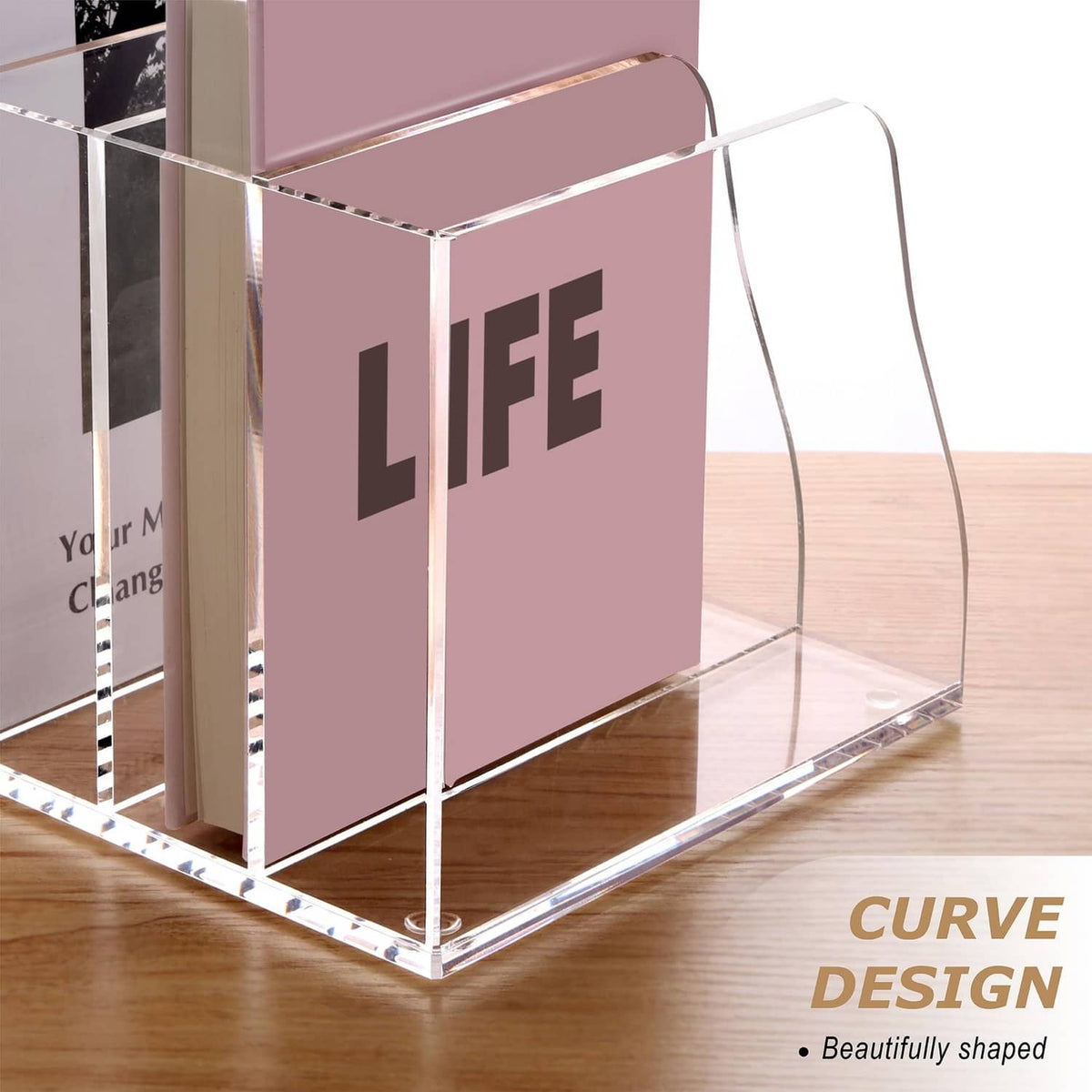 Clear acrylic 6-slot magazine file holder with pink side panel and curved divider design