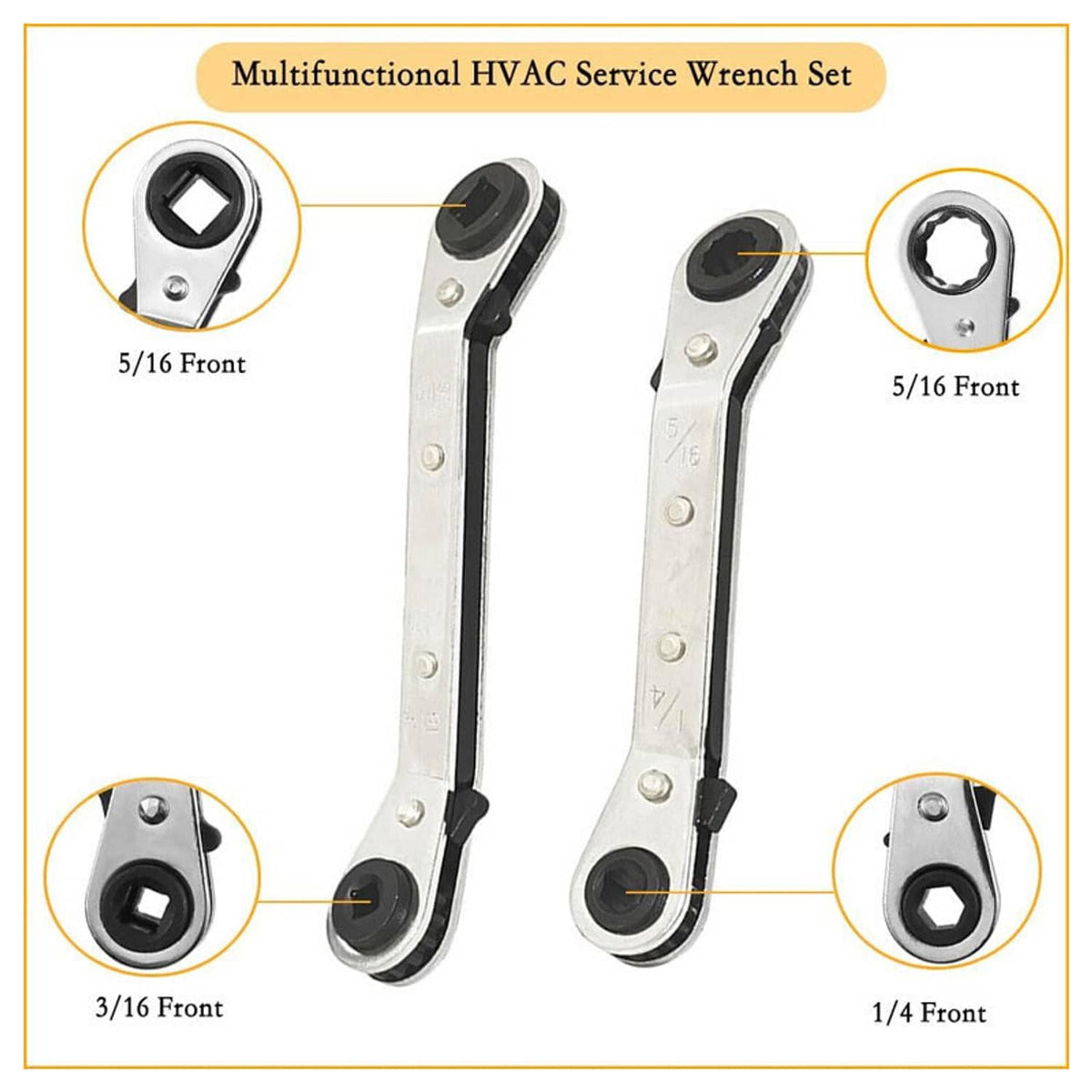 Multifunction HVAC service wrench set with 5/16, 3/16, and 1/4 hex drive sizes