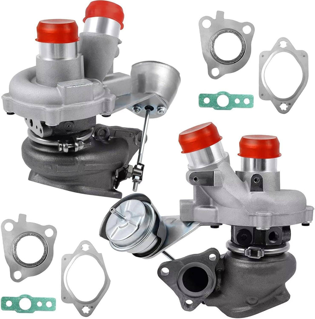 Turbocharger assembly with silver housing, red caps, and included gaskets