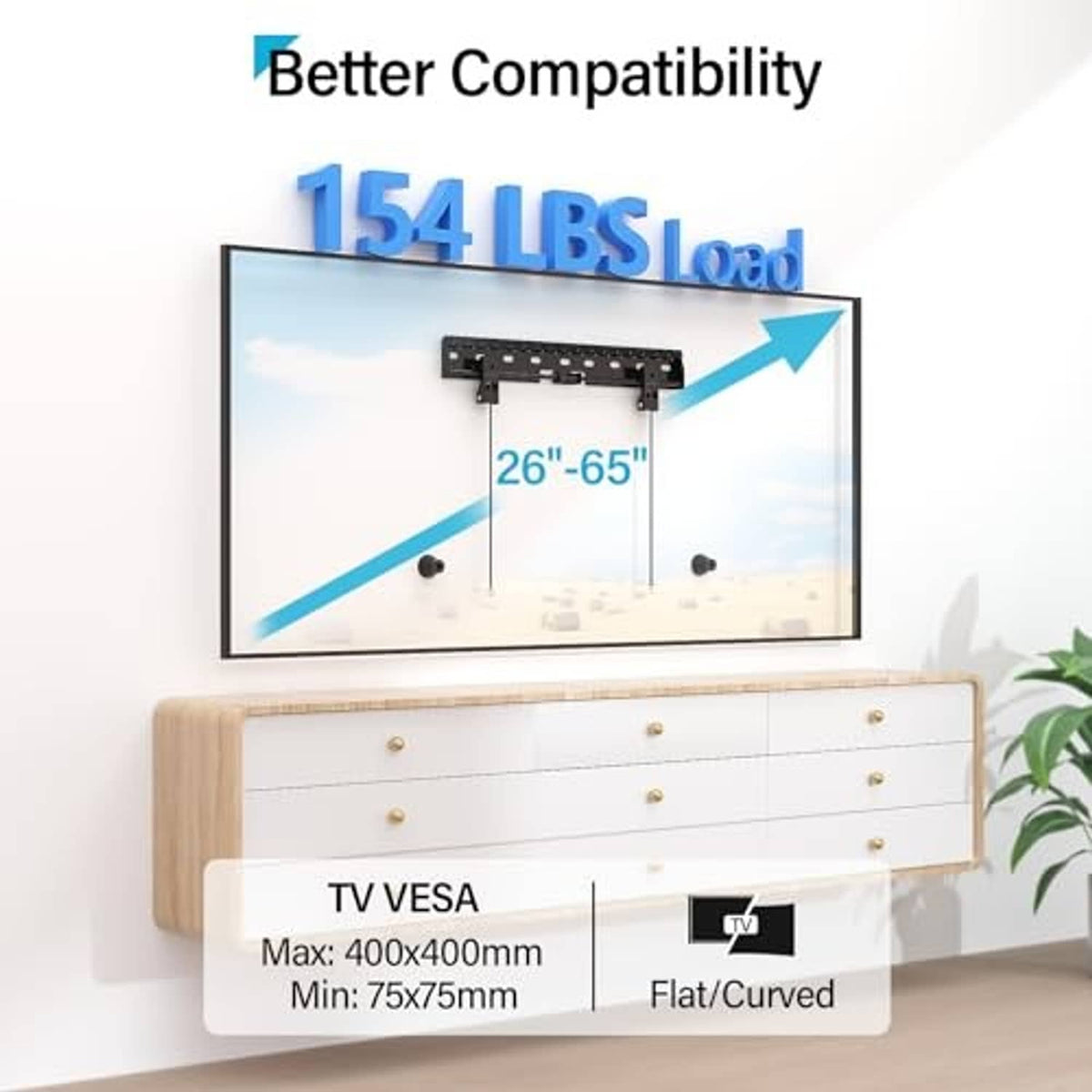 TV wall mount bracket with mounting rails for 26–65 in screens