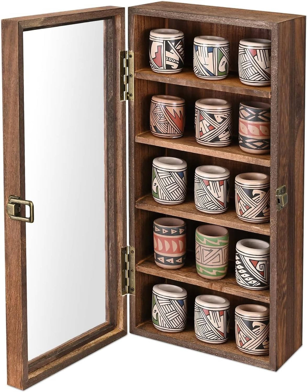 Wall-mounted wooden display case with glass door; 5 shelves holding patterned mugs