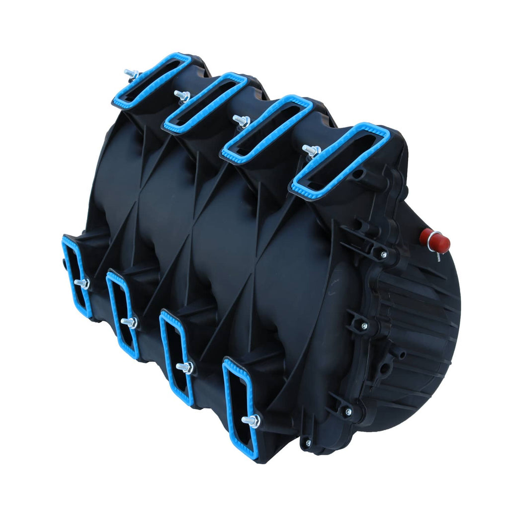 Intake manifold rear/side view with multiple blue-outlined ports and red fitting