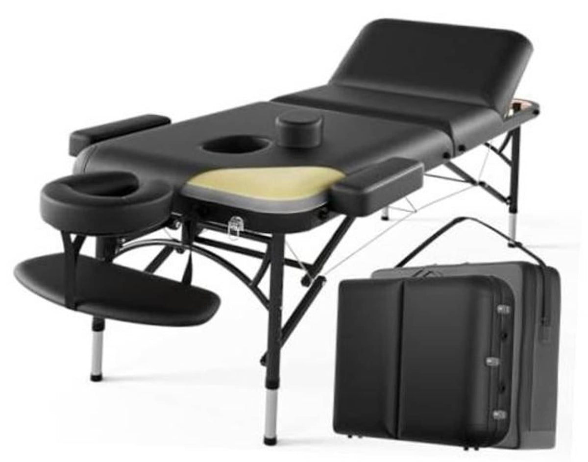Portable 3-fold massage table with black padded sections and built-in face cradle