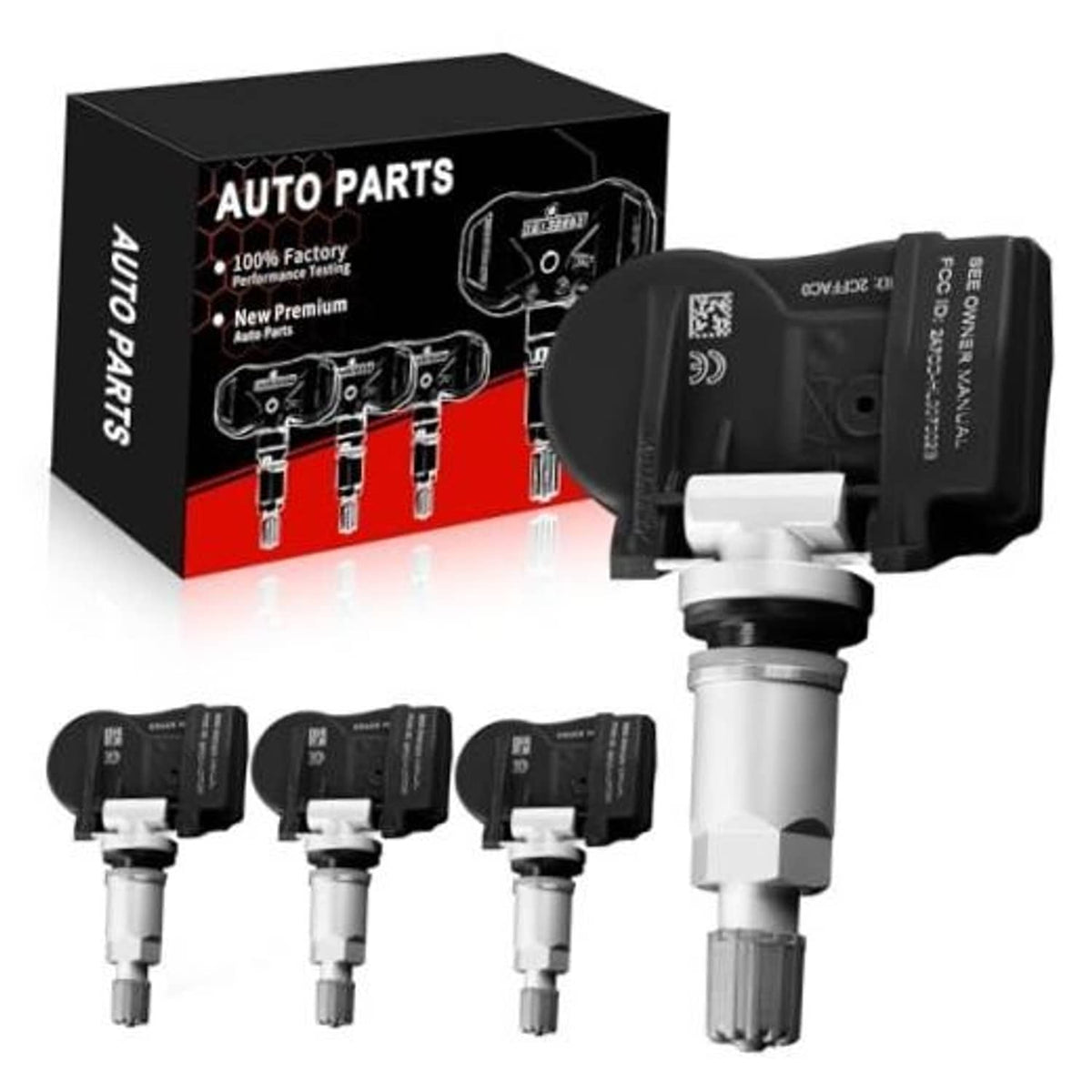 Pre-programmed black TPMS sensor with silver valve stem and hex base