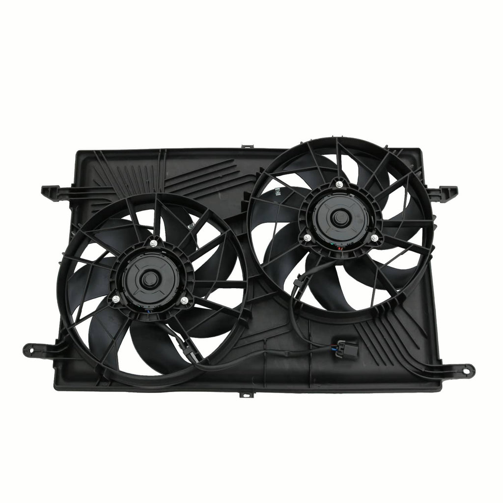 Dual radiator cooling fan assembly, two black fans with ribbed base shroud