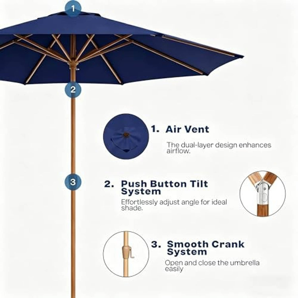 Navy patio umbrella features: air vent, push-button tilt, and smooth crank handle
