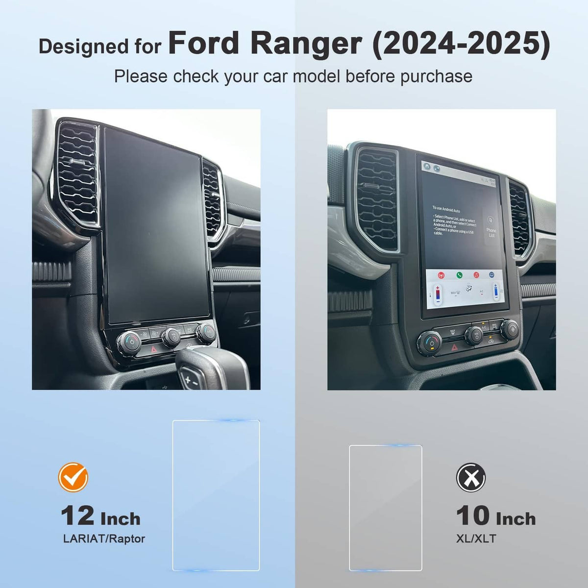 Transparent screen protector panel on dashboard touchscreen, for Ford Ranger (2024-2025)