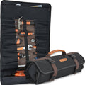 18-pocket tool roll bag in dark waxed canvas with brown carry handle and buckles