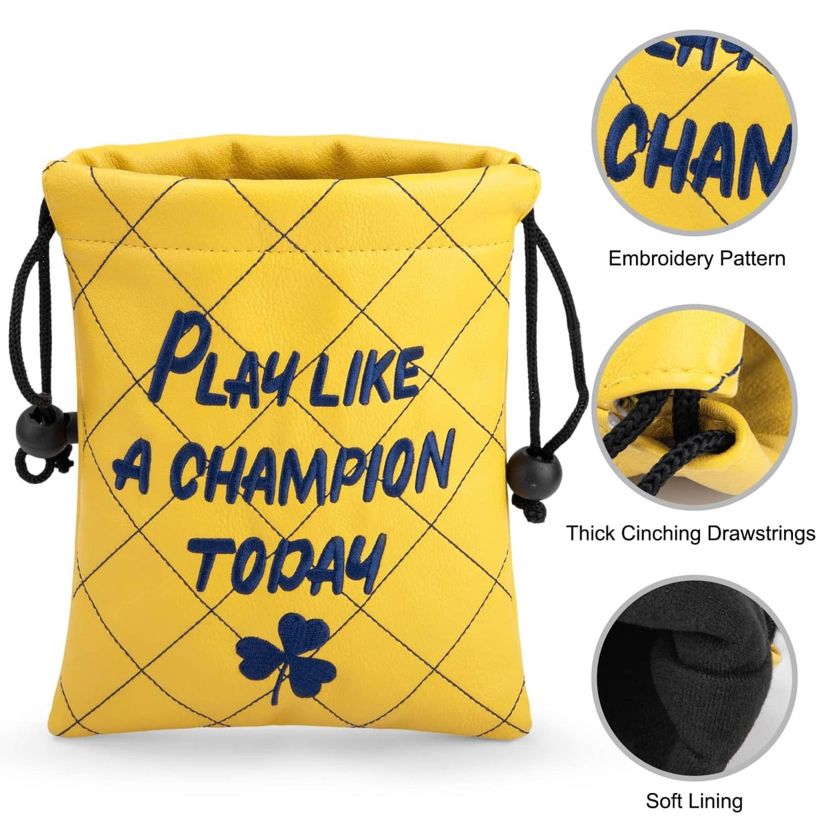 Yellow drawstring pouch with blue embroidered "Play Like a Champion Today" and clover detail.