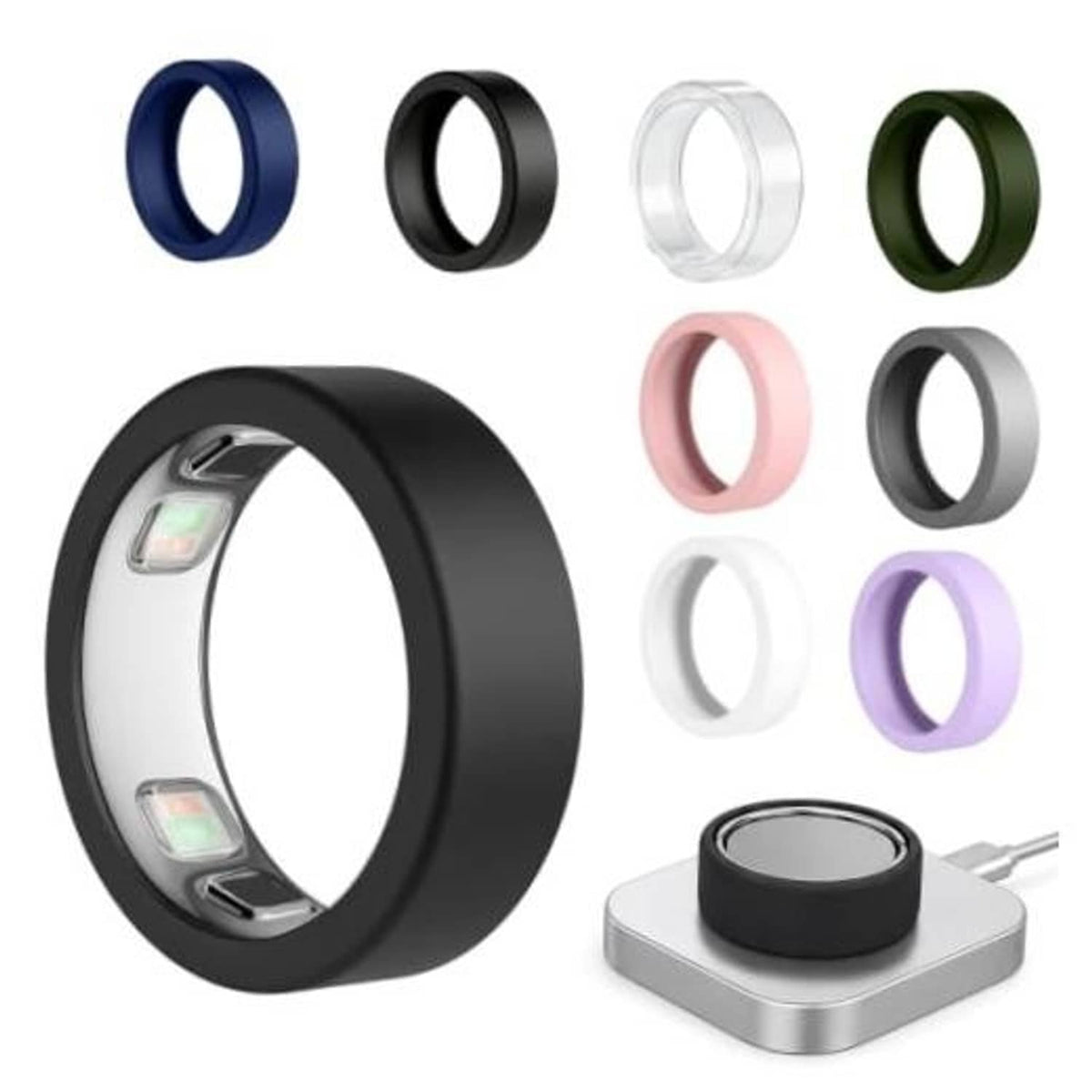 Silicone ring cover set for smart ring, featuring black and multiple color cases