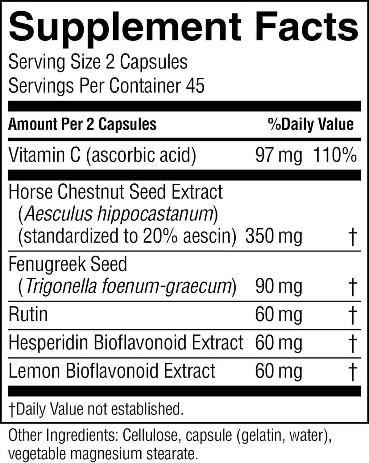 Supplement Facts table: serving size 2 capsules; vitamin C and herbal extracts listed