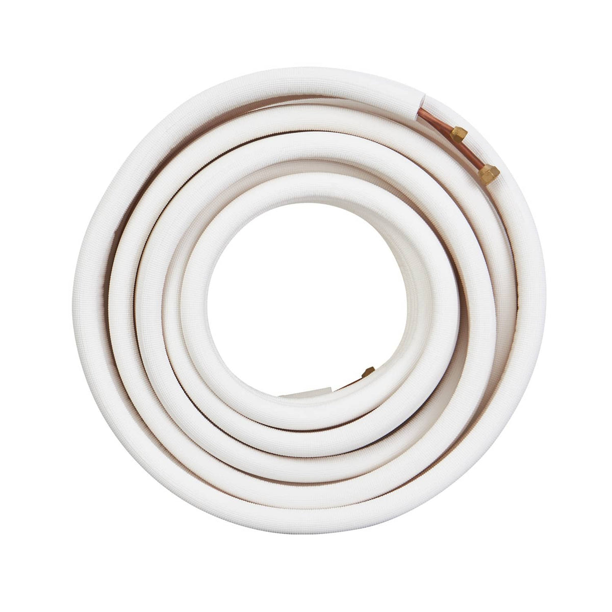 Mini-split line set coil with white insulated jacket and copper end fittings