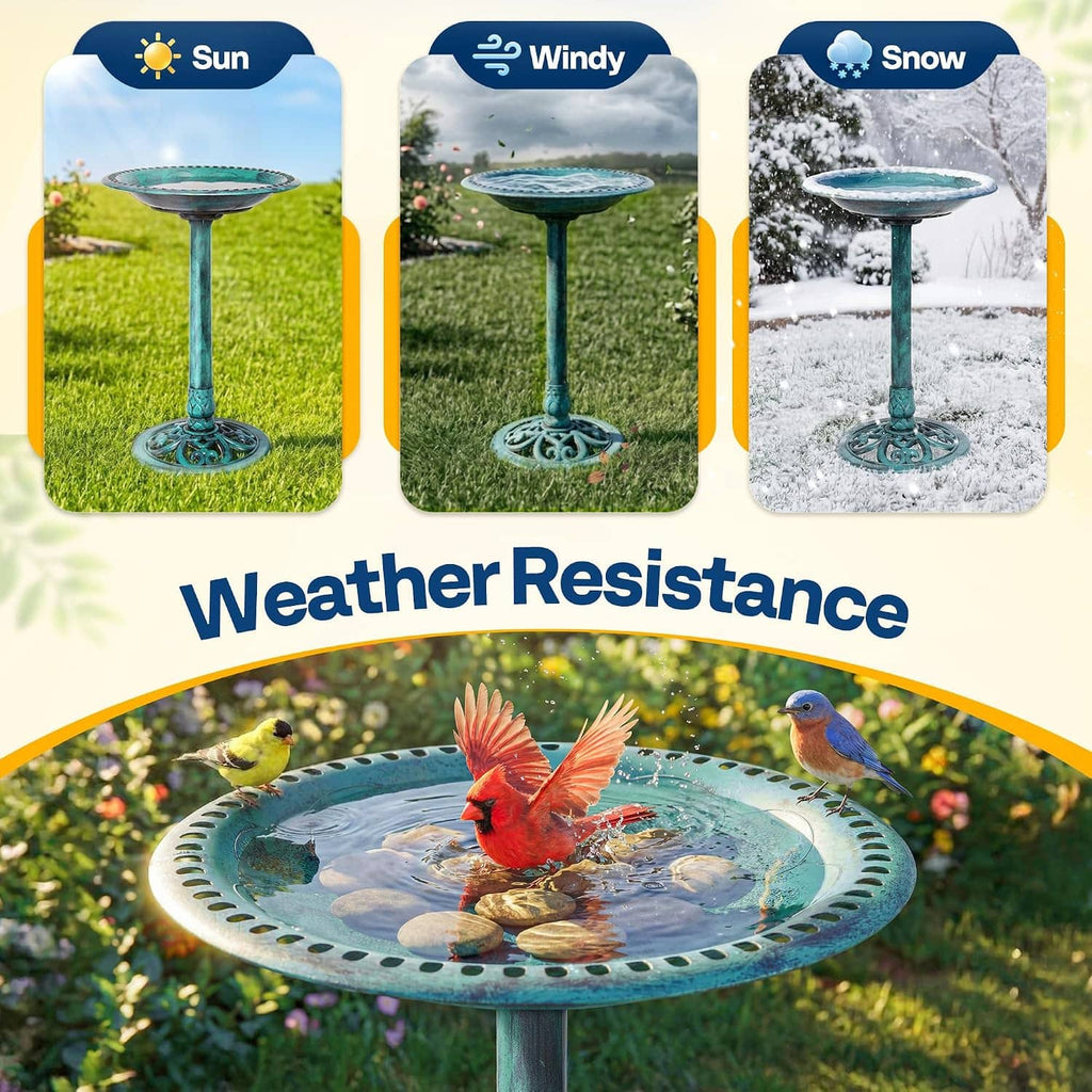 Outdoor turquoise bird bath with pedestal, wide basin holding water with birds around
