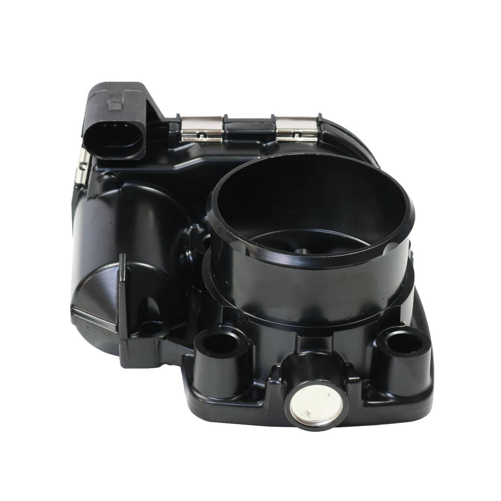 Throttle body with large intake opening, black plastic casing, and mounting feet