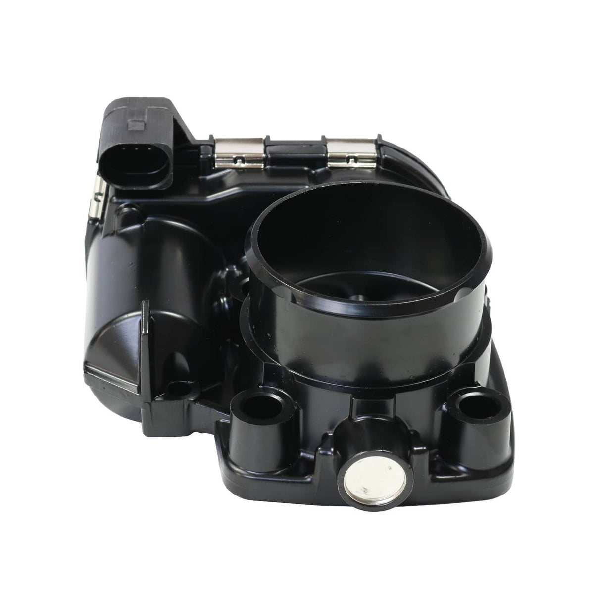 Throttle body with large intake opening, black plastic casing, and mounting feet