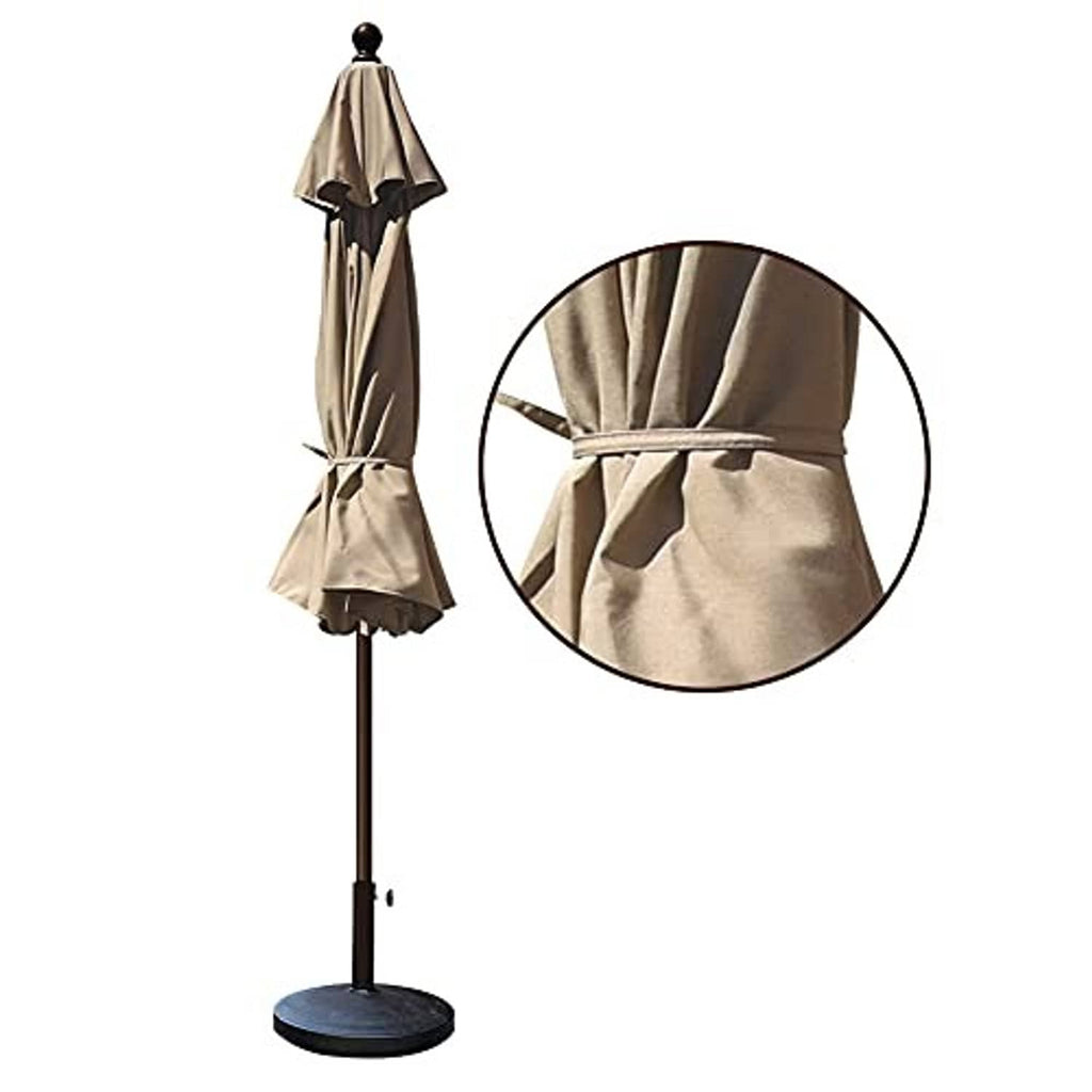 Heather beige patio market umbrella with fitted fabric cover on the pole
