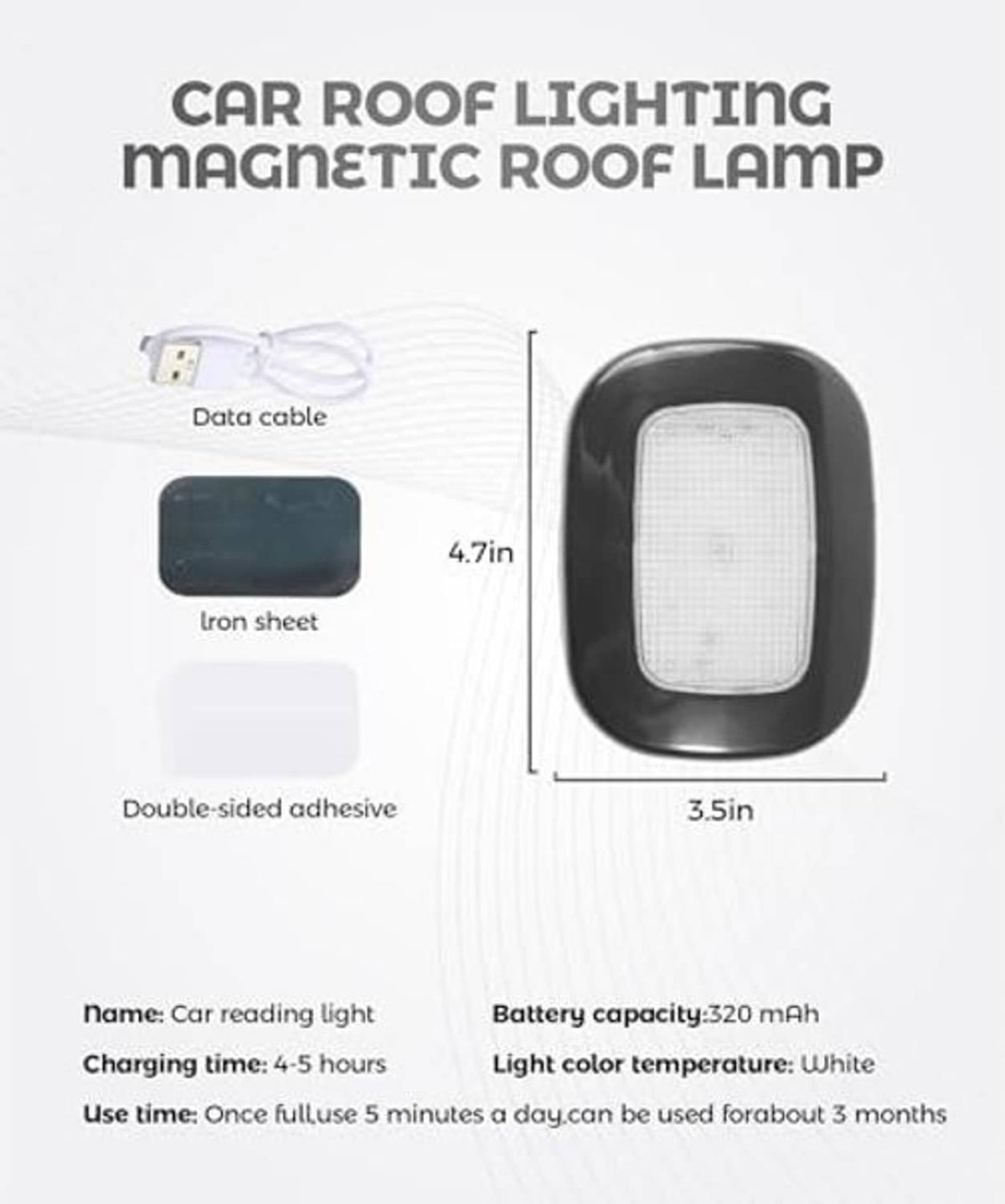 Black magnetic LED car roof reading light with white indicator panel and charging cord