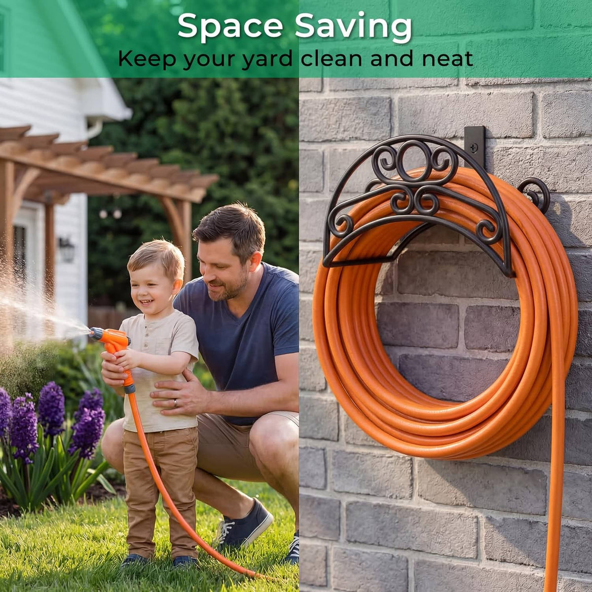 Black wall mount hose holder storing a looped orange garden hose