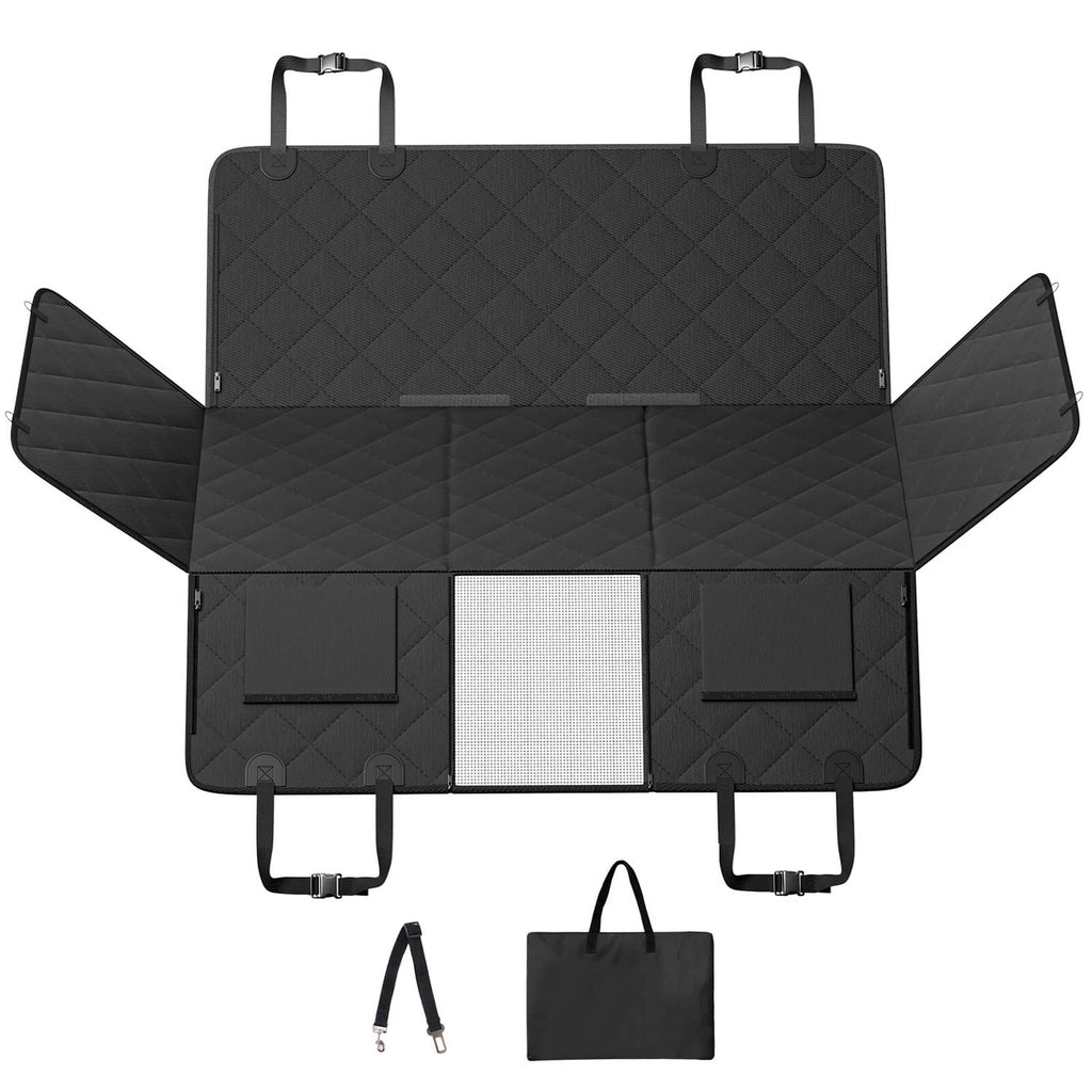 Black quilted dog back seat cover set with two top handles, side flaps, and tote bag