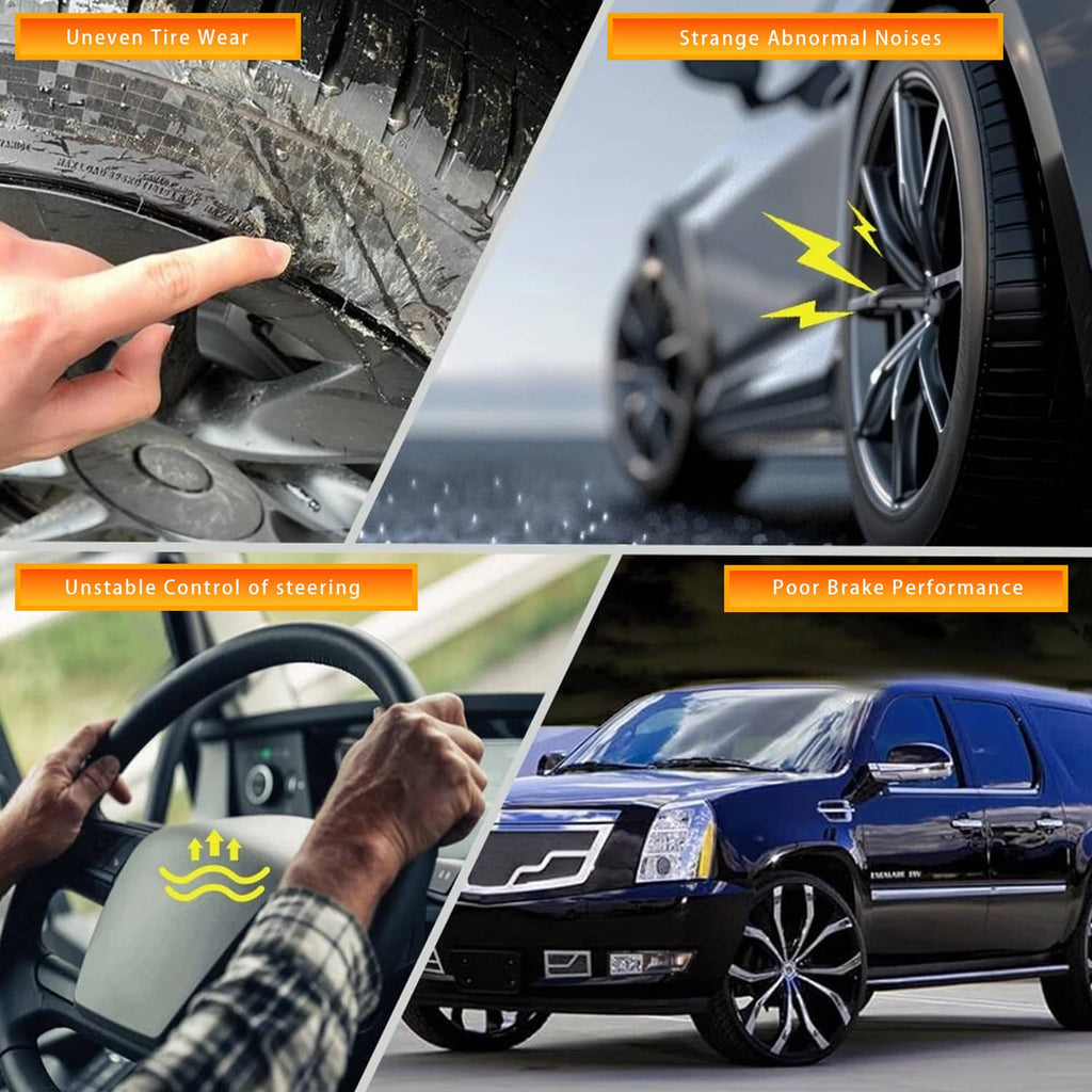 Control arm kit issue-and-benefit graphic showing reduced noise and tire wear icons