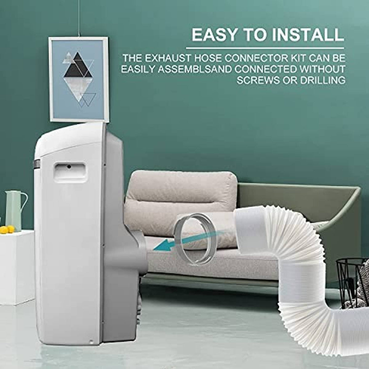 Portable AC exhaust hose coupler kit with snap ring connected to flexible duct