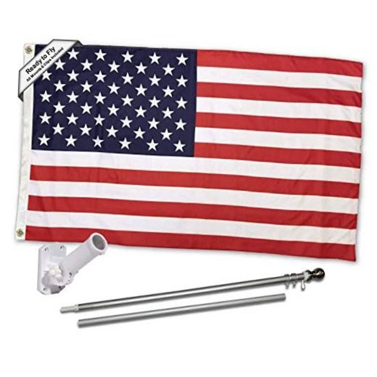 American flag wall-mount kit with star and stripe flag, pole, and mounting bracket parts