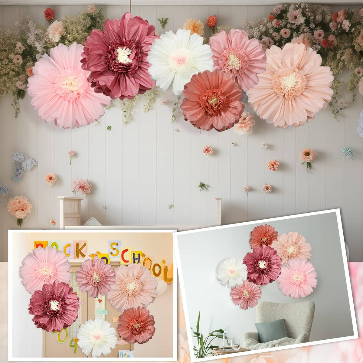 Decorative wall garland of tissue paper flowers in pink and peach tones