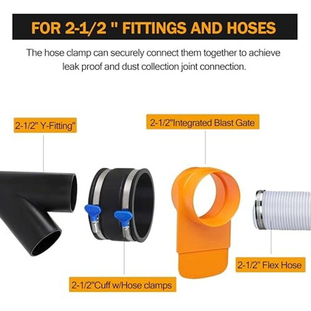 Dust collection hose clamp system diagram with black cuff, orange blast gate, and flex hose