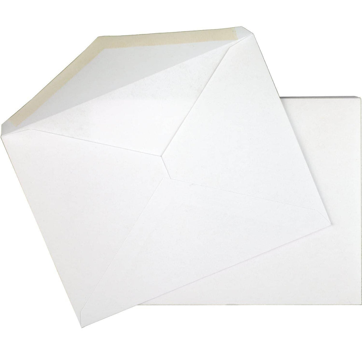 A2 invitation envelopes with gummed flap, white wove paper, angled view with two envelopes
