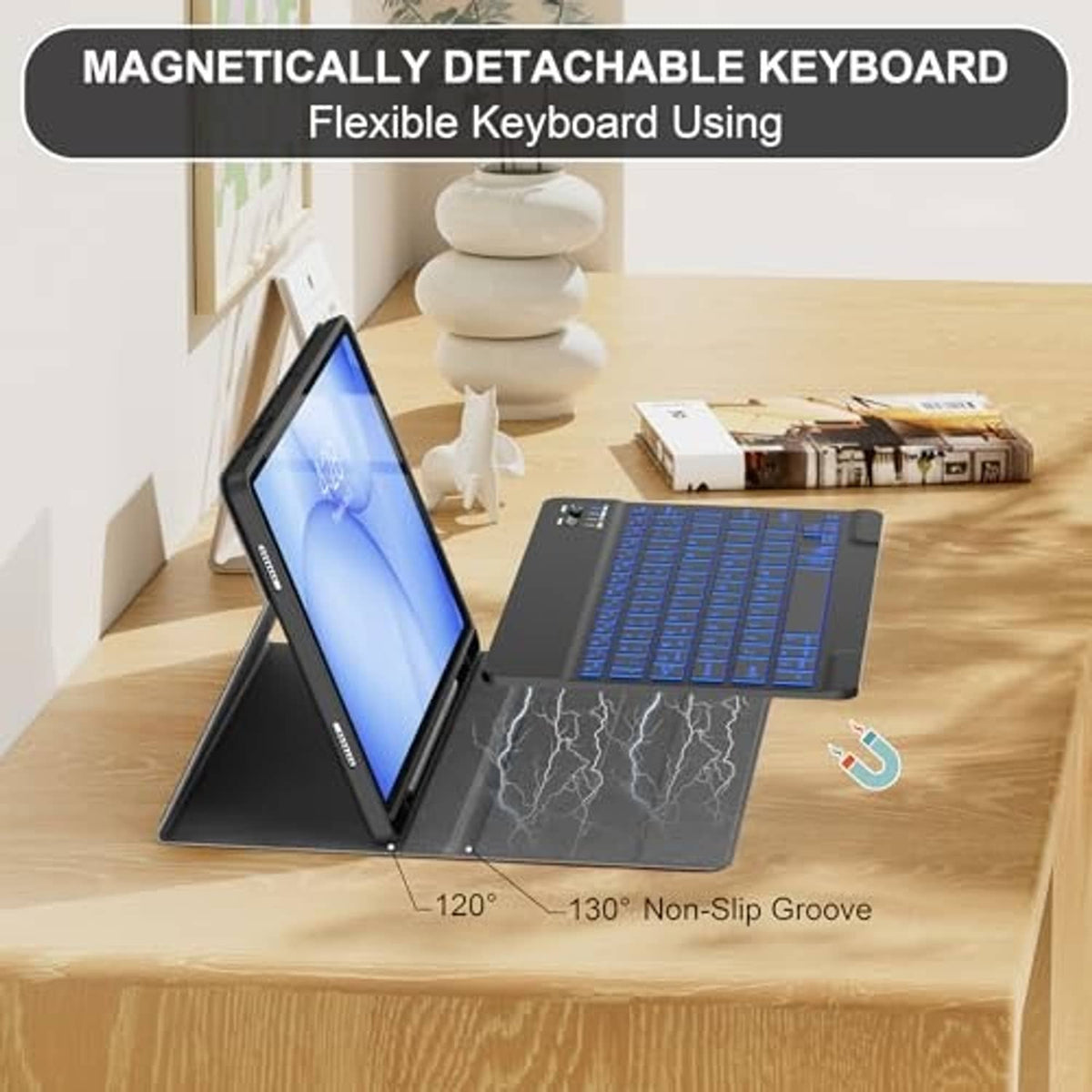 Folio tablet case with magnetic detachable keyboard and non-slip groove base