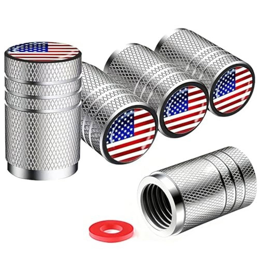 Chrome silver valve stem caps with American flag faces, textured grip, and red base piece