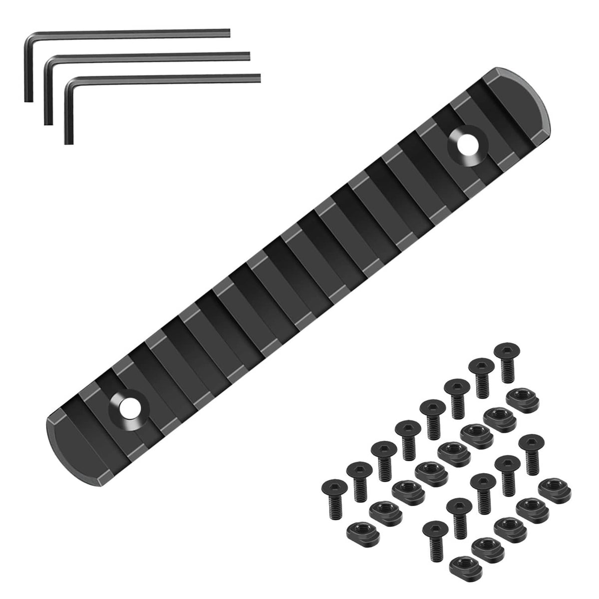 Low-profile black picatinny rail with T-nuts and mounting hex keys