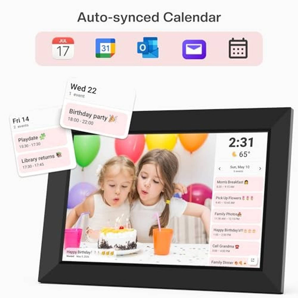 Black digital picture frame displaying kids at a birthday table scene