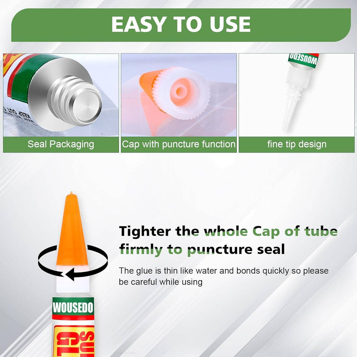 Super glue tube with fine tip design and puncture-cap function