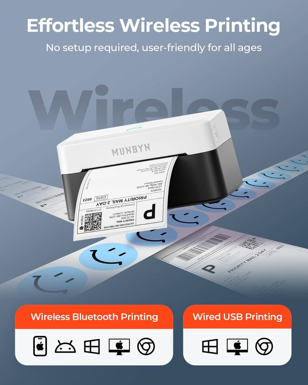 Wireless thermal label printer with black base and white top, ready to print