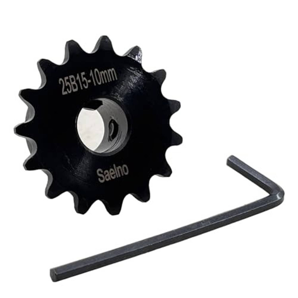 Black steel roller chain sprocket, 15 teeth, 10mm bore, side view