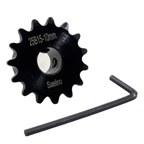 Black steel roller chain sprocket, 15 teeth, 10mm bore, side view