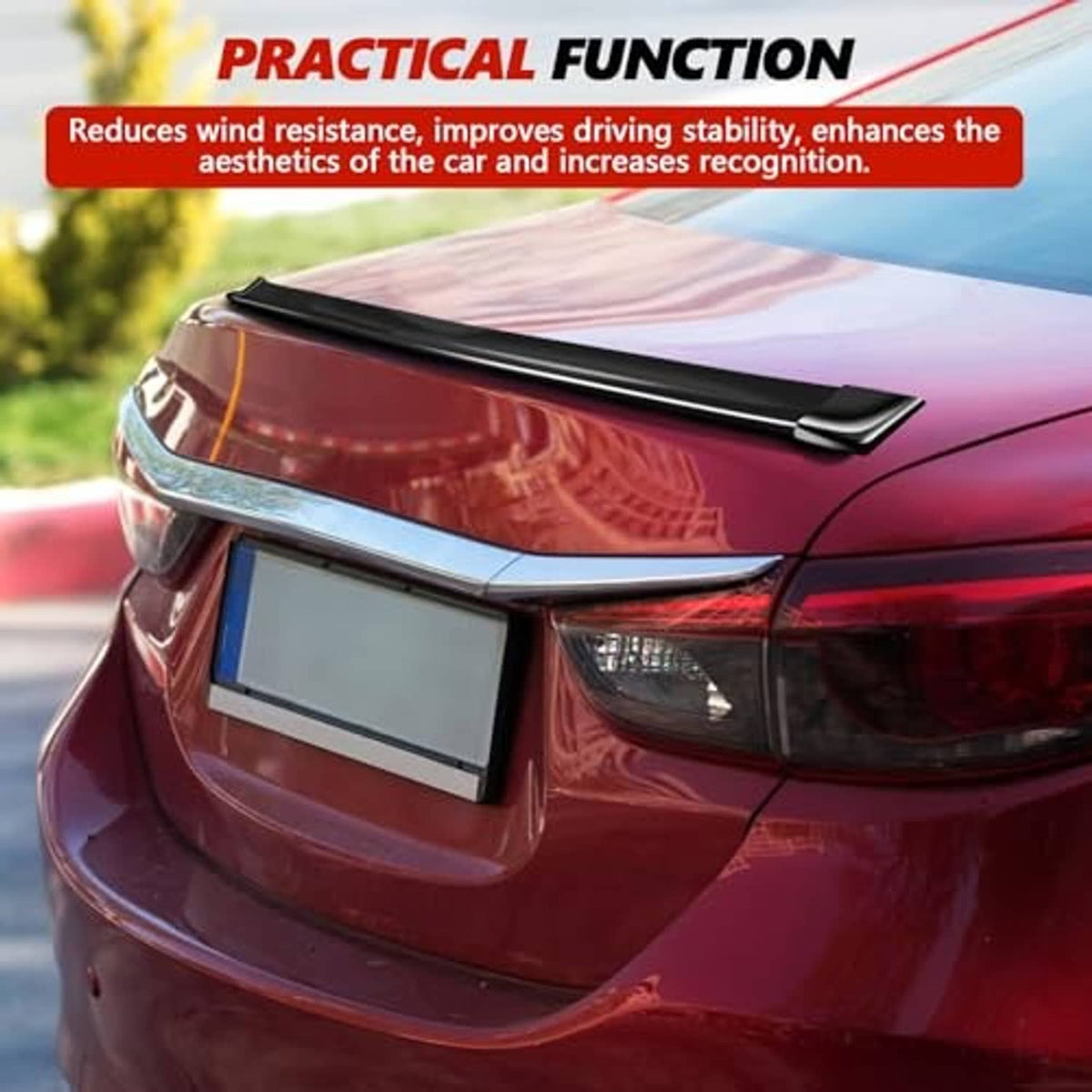 Matte black rear roof lip spoiler trim mounted on a car trunk roof edge