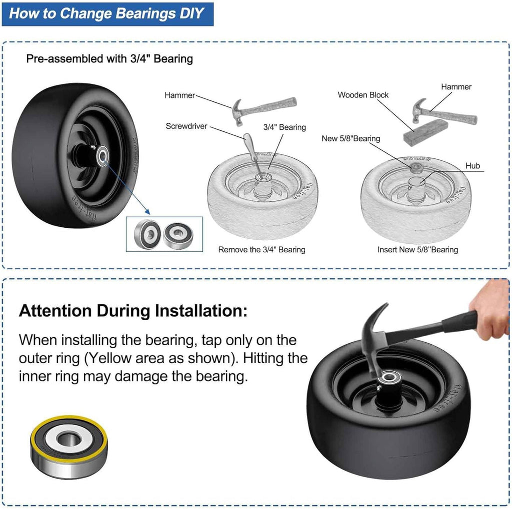 Flat-free mower tire showing 3/4-inch bearing installation parts and step setup