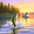 Square diamond painting canvas: jumping fish with fisherman on a sunset lake