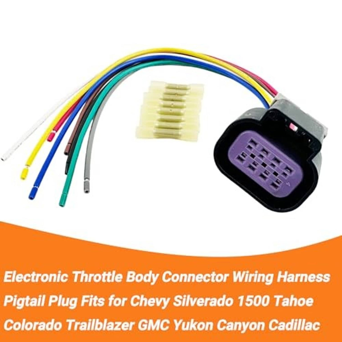 Throttle body wiring harness pigtail with purple plug, multicolor wires, and terminal block
