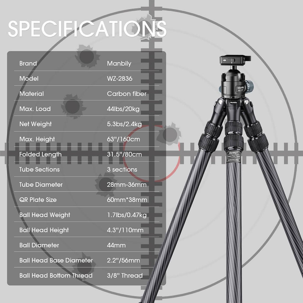 Carbon fiber tripod with ball head and multi-leg support for compact transport