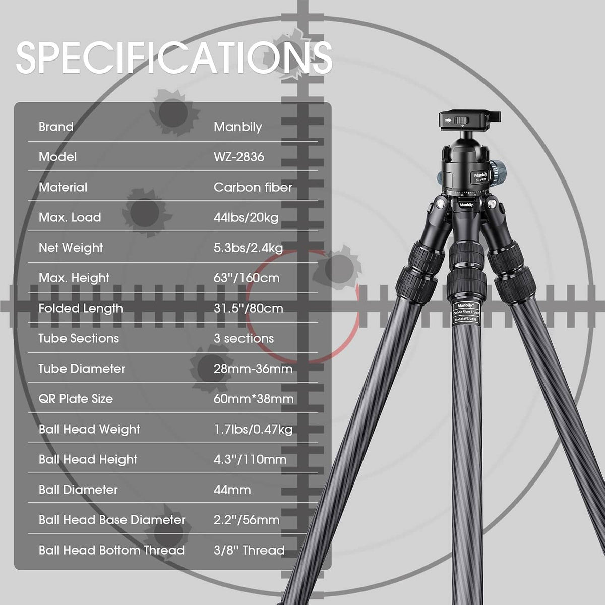 Carbon fiber tripod with ball head and multi-leg support for compact transport
